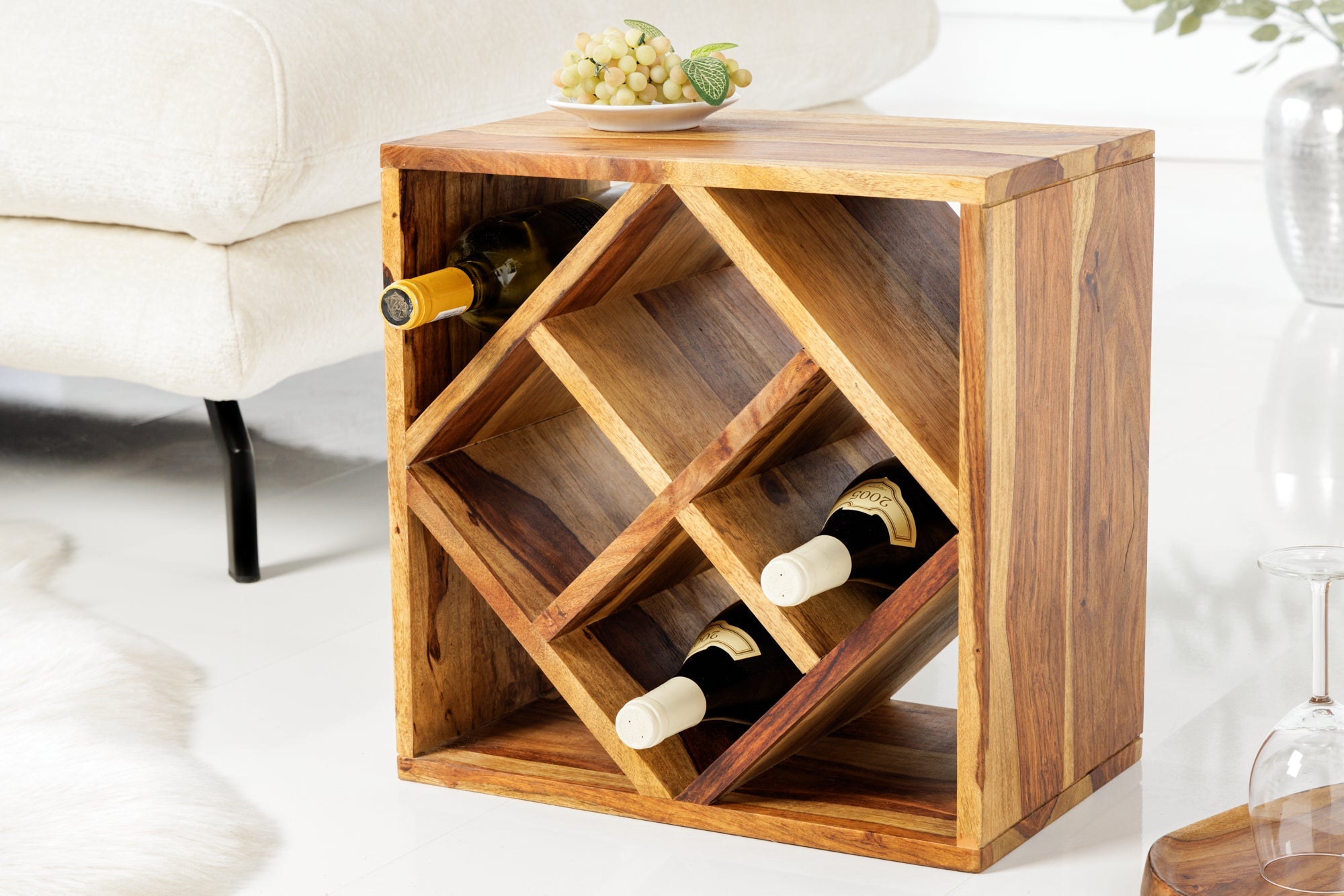 Botellero de madera maciza CUBUS 40 cm marrón Sheesham acabado piedra mesa auxiliar hecha a mano