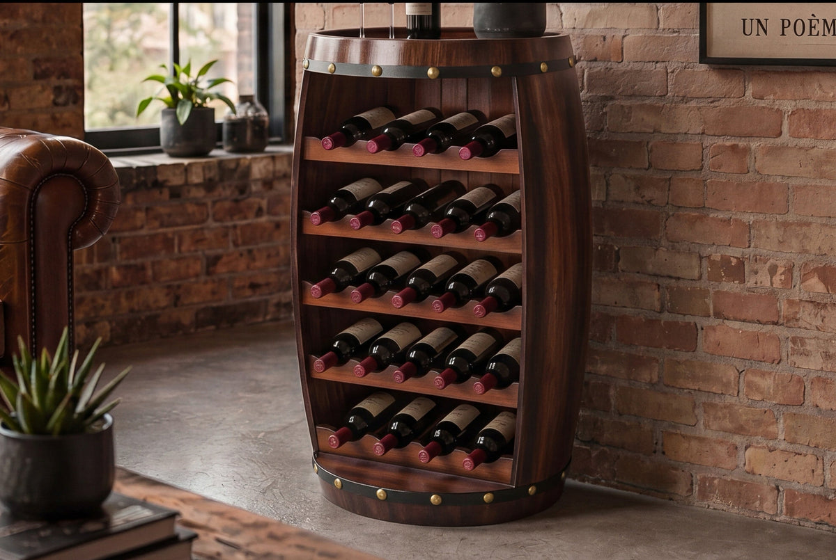 Casier à vin massif BODEGA 80cm table de bar tonneau en pin marron café pour 23 bouteilles