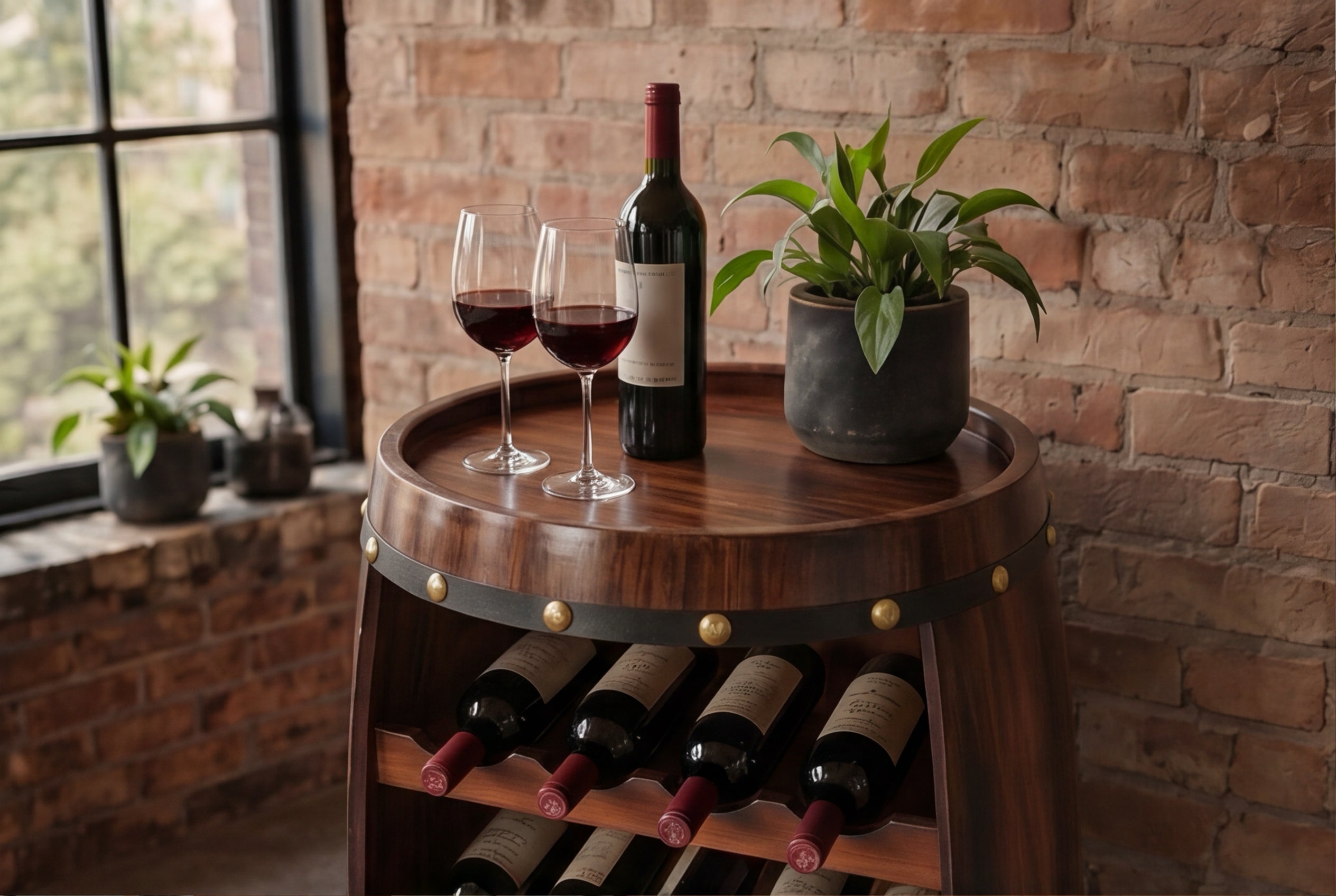 Casier à vin massif BODEGA 80cm table de bar tonneau en pin marron café pour 23 bouteilles