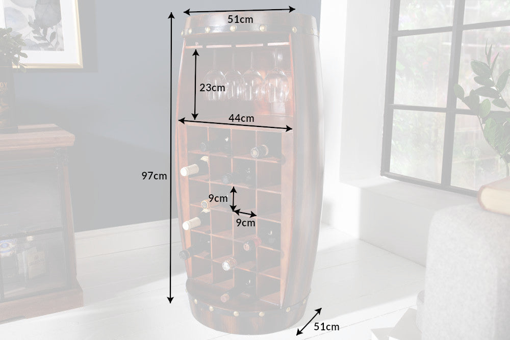 Casier à vin massif BODEGA 97cm table de bar tonneau en pin marron café pour 24 bouteilles