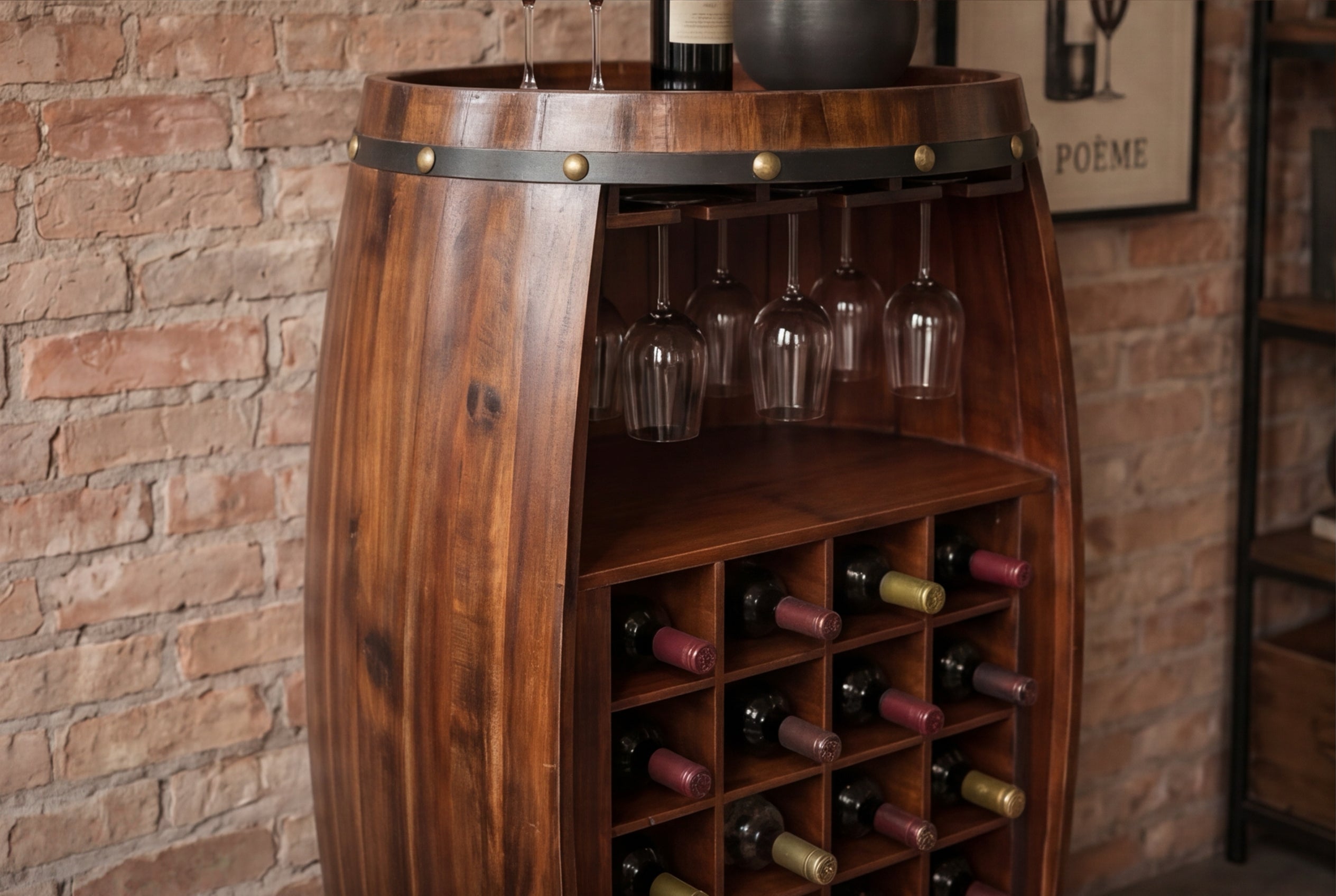 Casier à vin massif BODEGA 97cm table de bar tonneau en pin marron café pour 24 bouteilles