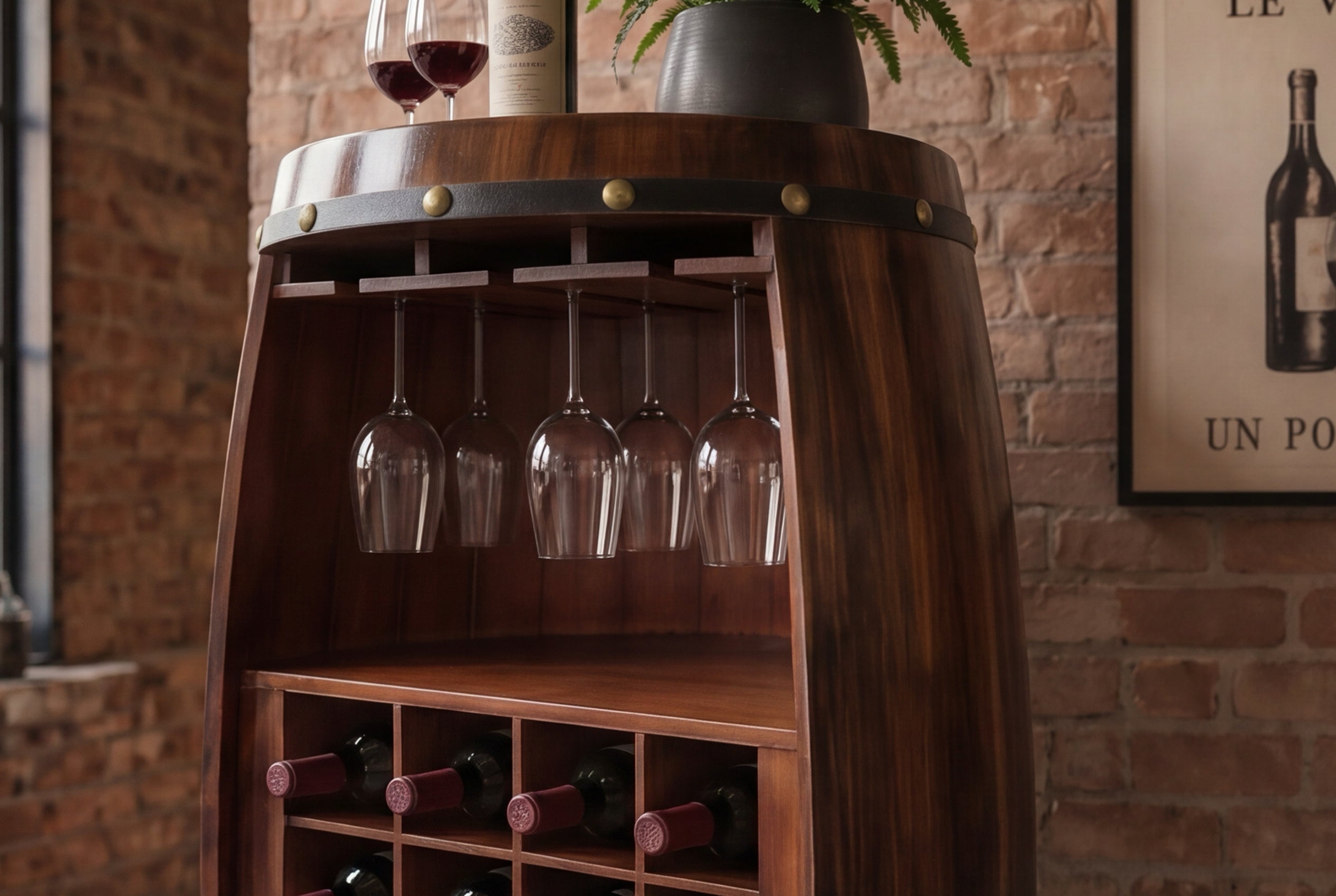 Casier à vin massif BODEGA 97cm table de bar tonneau en pin marron café pour 24 bouteilles