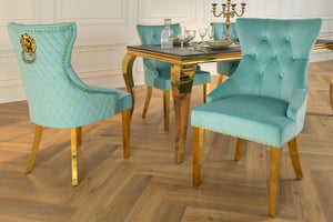 Lot de 2x chaises baroque CASTLE DELUXE velours bleu acier inoxydable doré avec tête de lion Chesterfield