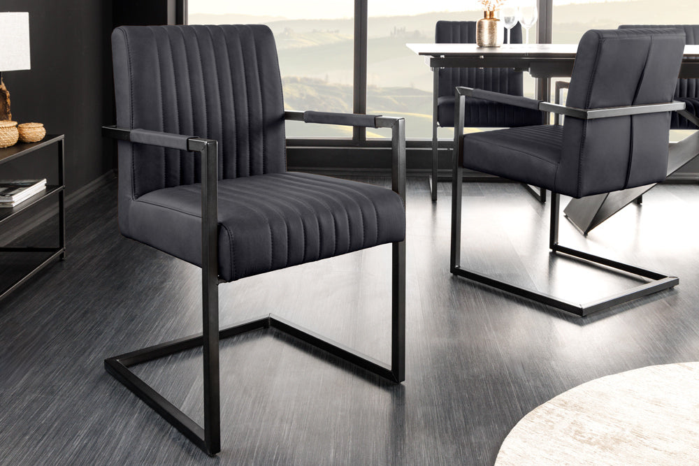 Chaise cantilever moderne BIG ASTON cuir véritable noir ressorts ensachés noyau métal