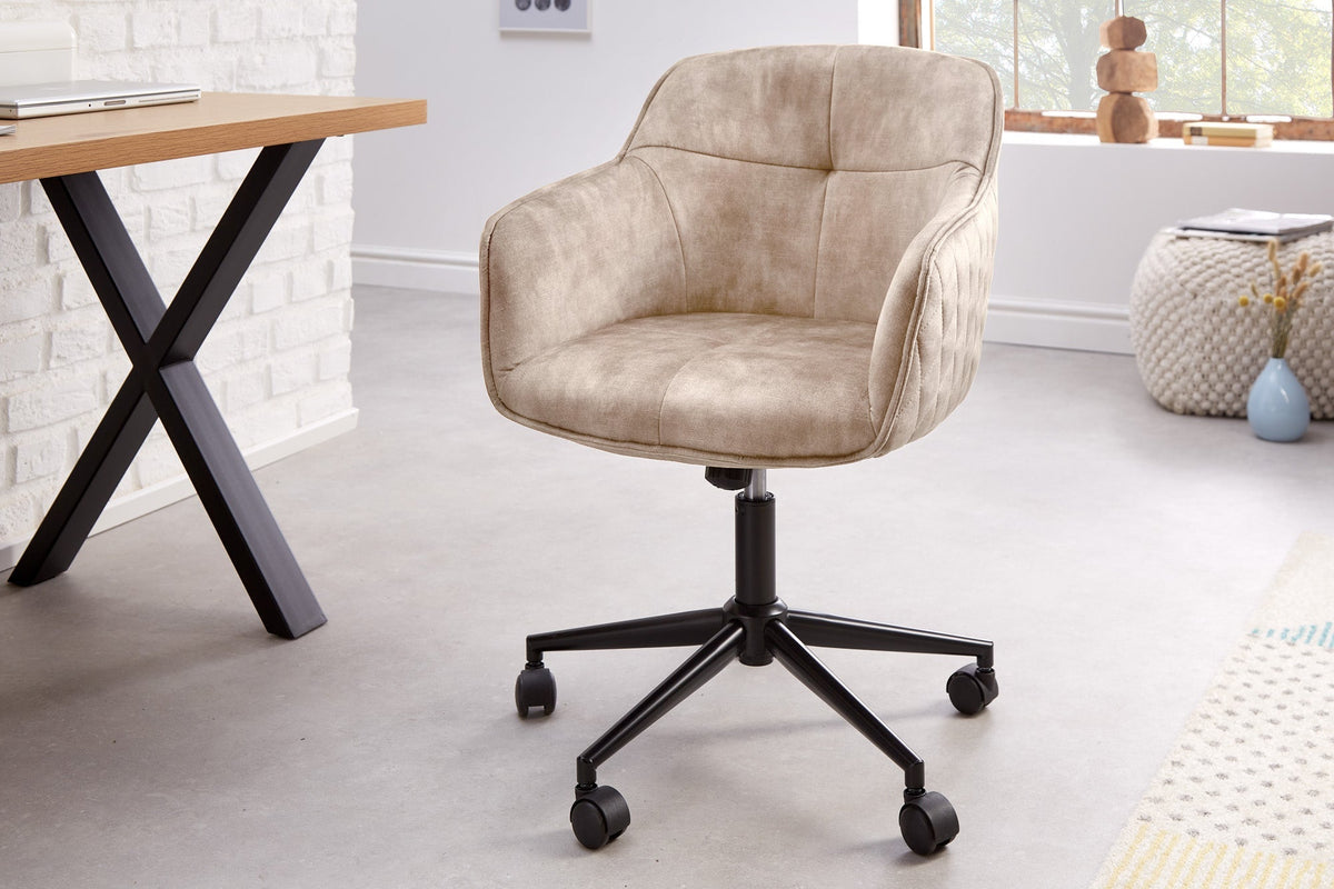 Chaise de bureau design réglable en hauteur EUPHORIA velours grège champagne pivotant matelassé décoratif