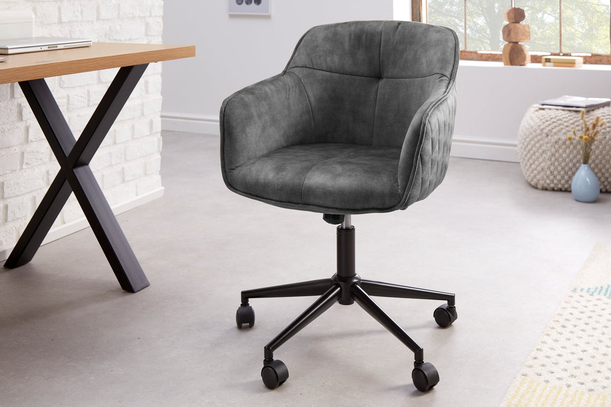 Chaise de bureau réglable en hauteur EUPHORIA velours gris foncé avec surpiqûre décorative