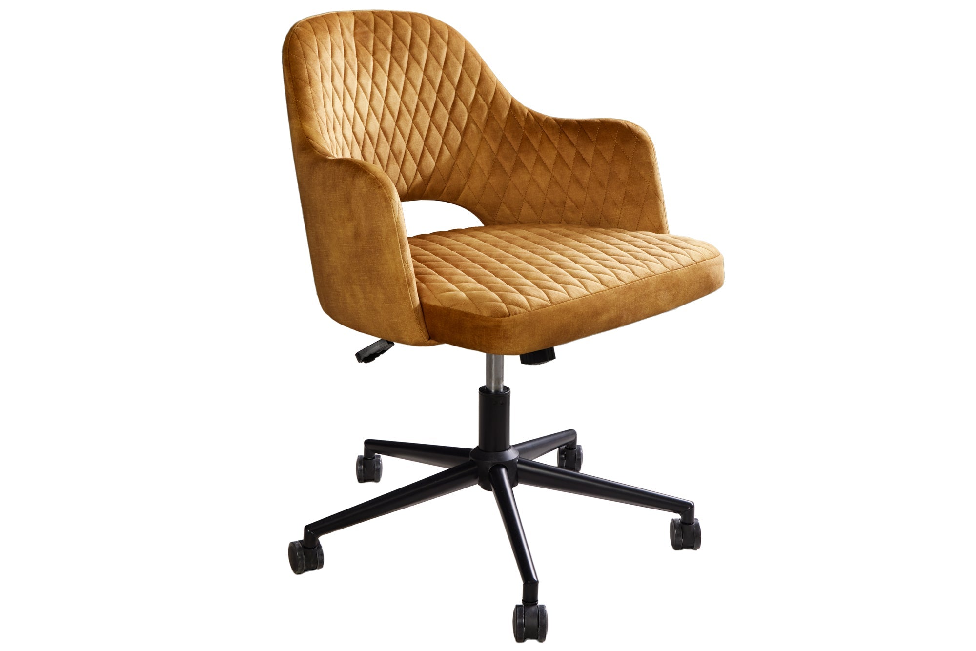 Lote de 2 sillas de oficina regulables en altura PARIS amarillo mostaza terciopelo negro reposabrazos silla giratoria