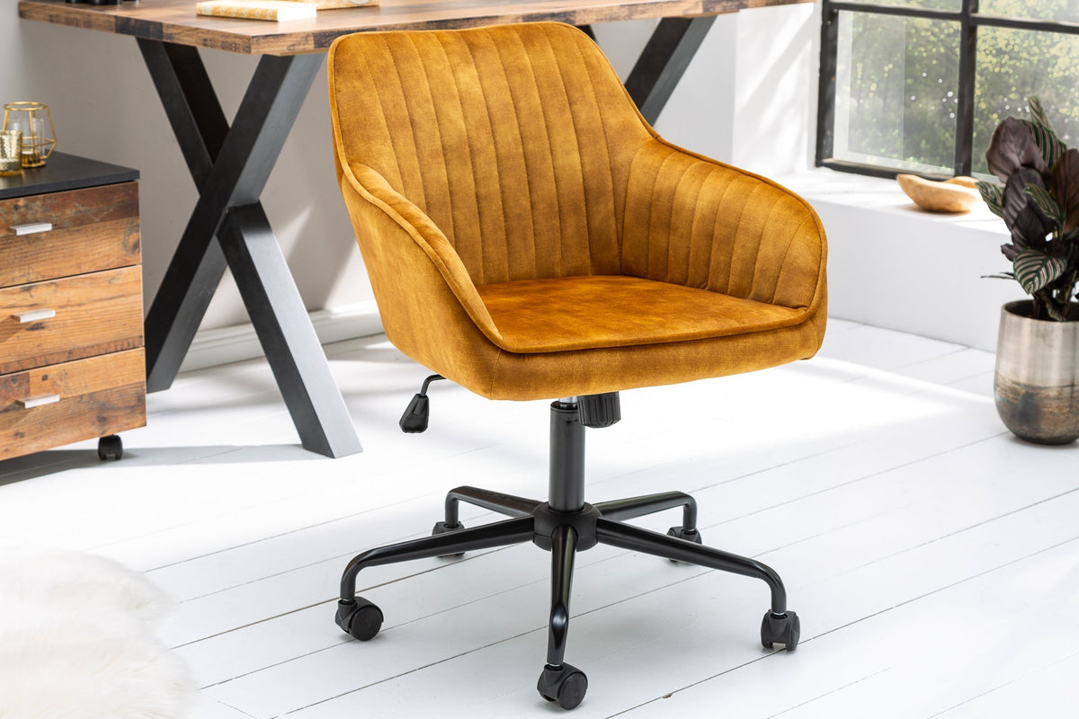 Chaise de bureau réglable en hauteur TURIN velours jaune moutarde avec accoudoirs chaise pivotante