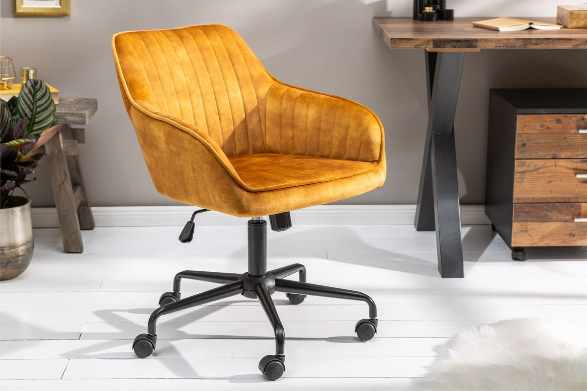 Chaise de bureau réglable en hauteur TURIN velours jaune moutarde avec accoudoirs chaise pivotante