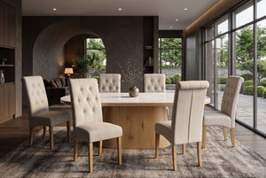 Chaise design CASA beige lin pieds en bois massif avec boutons décoratifs et rouleau de nuque