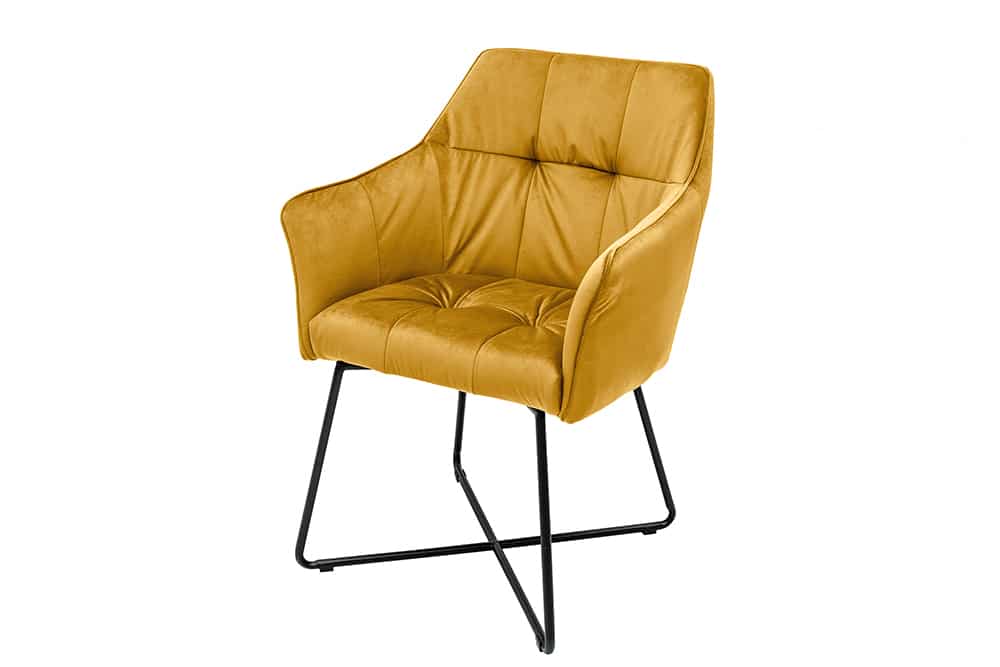 Juego de 2 exclusivas sillas de diseño LOFT de terciopelo amarillo mostaza con reposabrazos