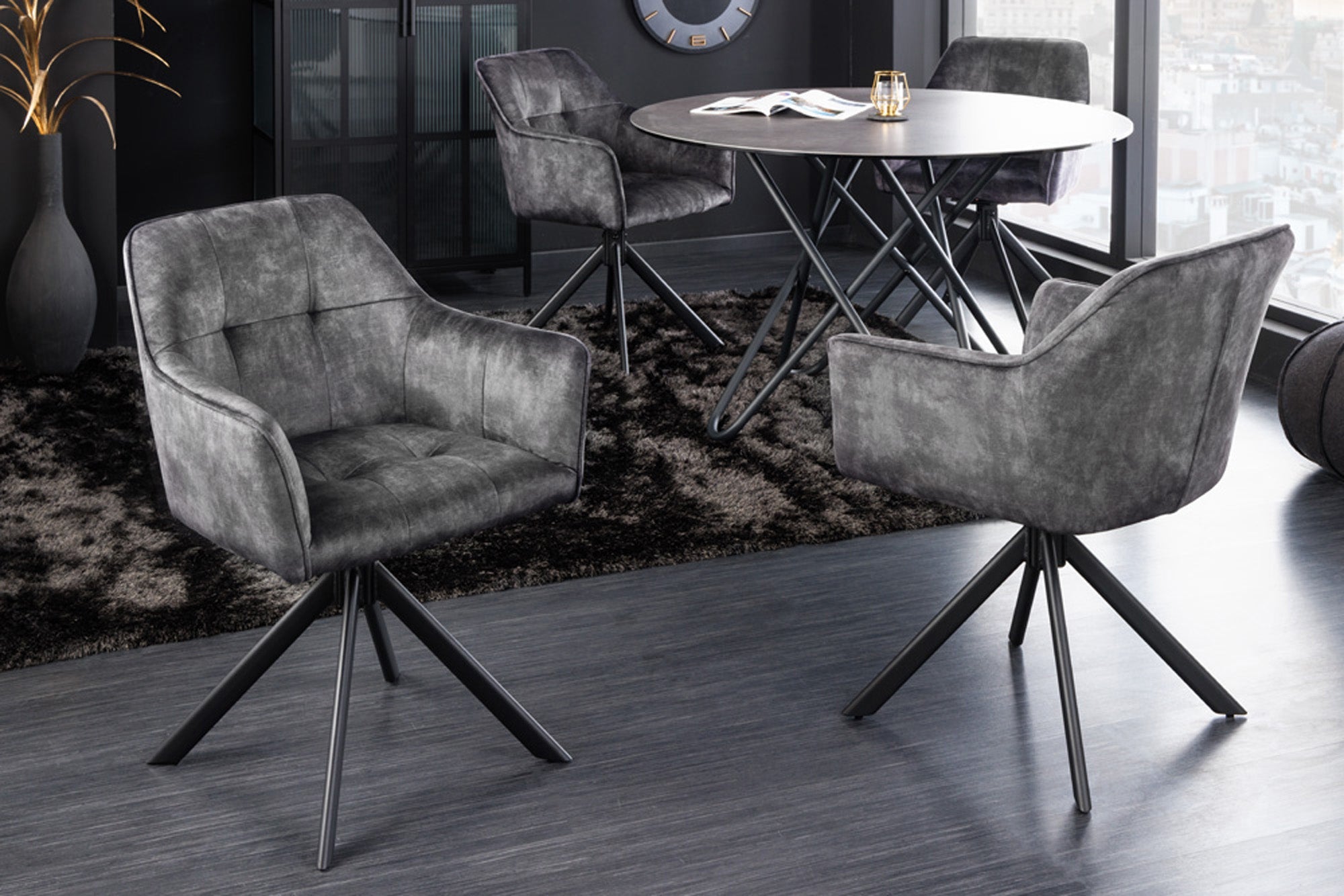 Lote de 2 sillas giratorias LOFT de terciopelo gris oscuro con estructura y reposabrazos de metal negro