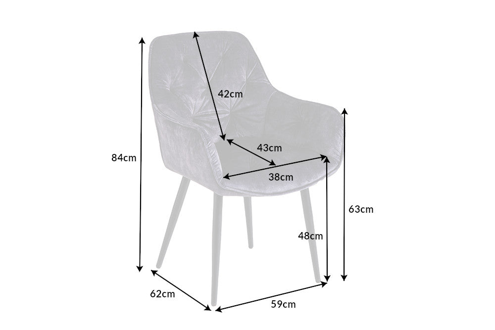 Chaise design MILANO en velours gris avec accoudoirs matelassés décoratifs et pieds en métal noir rembourrés