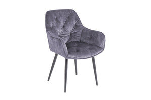 Chaise design MILANO en velours gris avec accoudoirs matelassés décoratifs et pieds en métal noir rembourrés