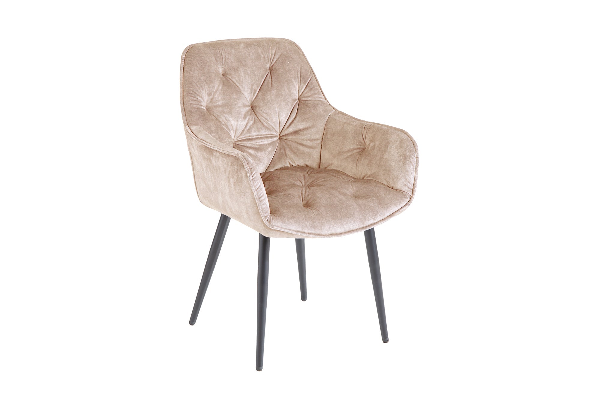 Chaise design MILANO velours beige champagne avec accoudoir tapissée pieds métal noir