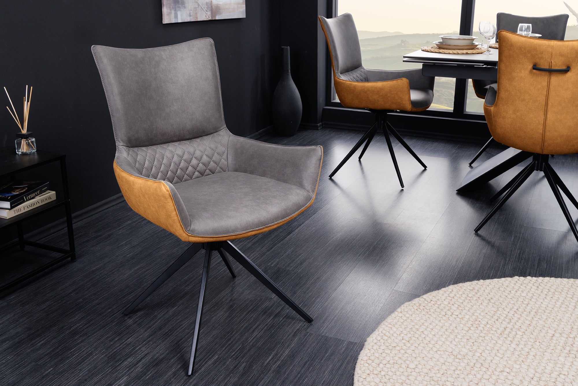 Lote de 2x sillas giratorias de diseño ALPINE gris marrón negro patas metal apoyabrazos