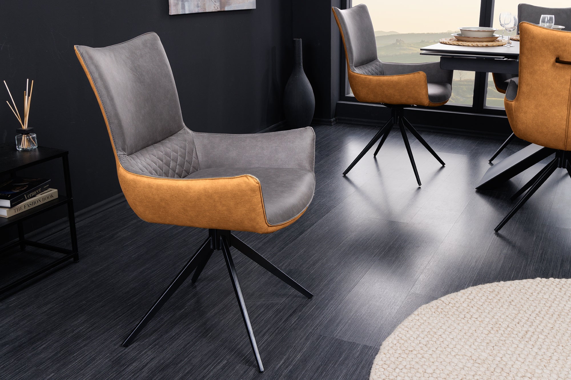 Lote de 2x sillas giratorias de diseño ALPINE gris marrón negro patas metal apoyabrazos