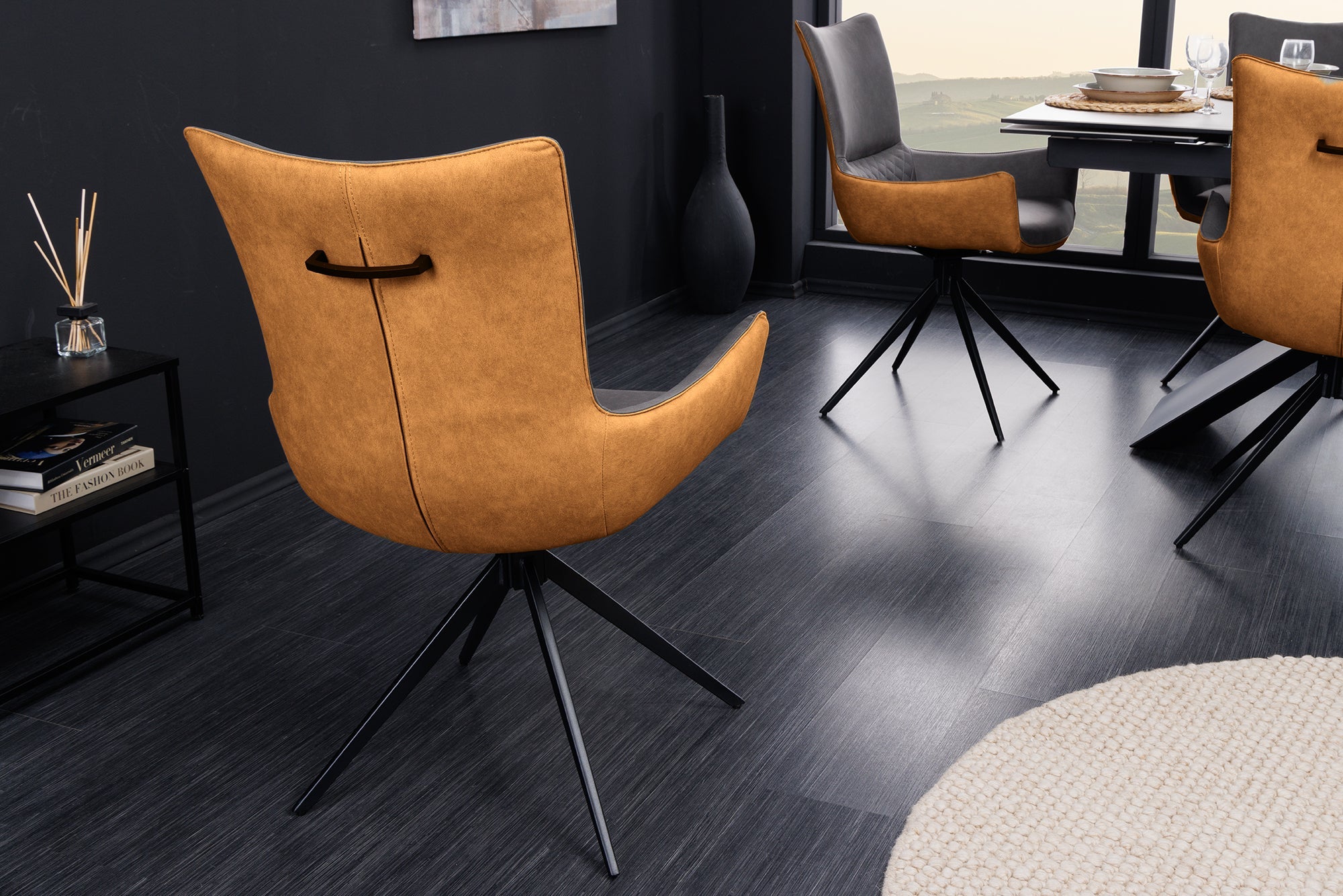 Lote de 2x sillas giratorias de diseño ALPINE gris marrón negro patas metal apoyabrazos