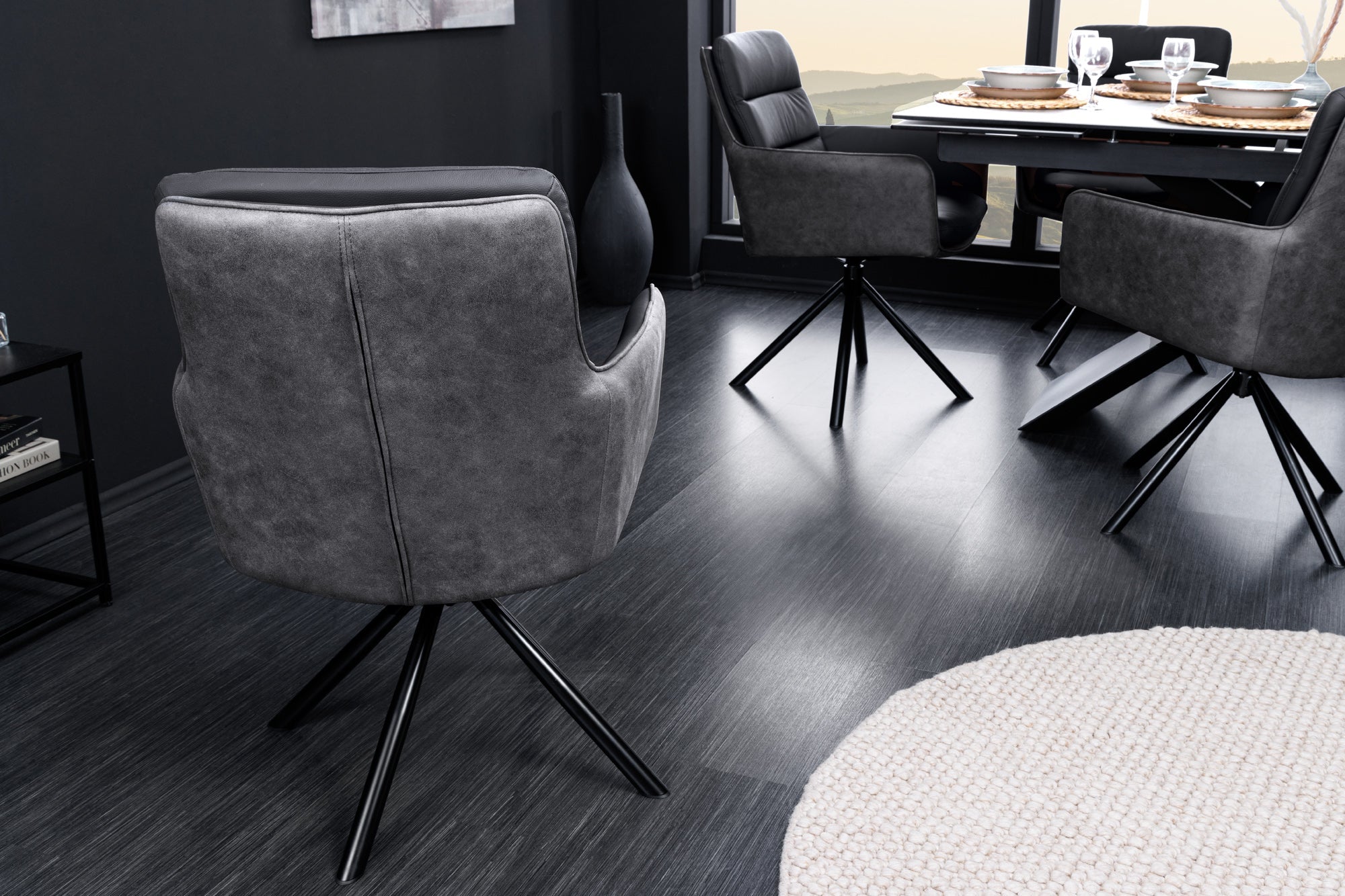 BIG GEORGE sillón giratorio de diseño antracita negro en auténtica piel de microfibra con reposabrazos