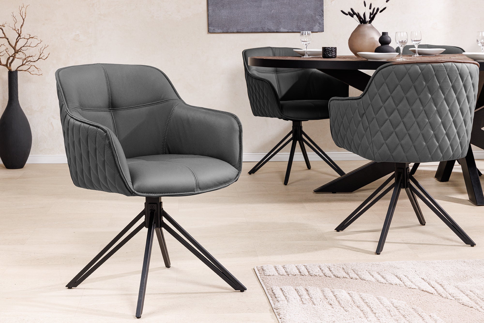 Juego de 2 sillas giratorias de diseño EUPHORIA de cuero auténtico gris, estructura de metal negro con reposabrazos