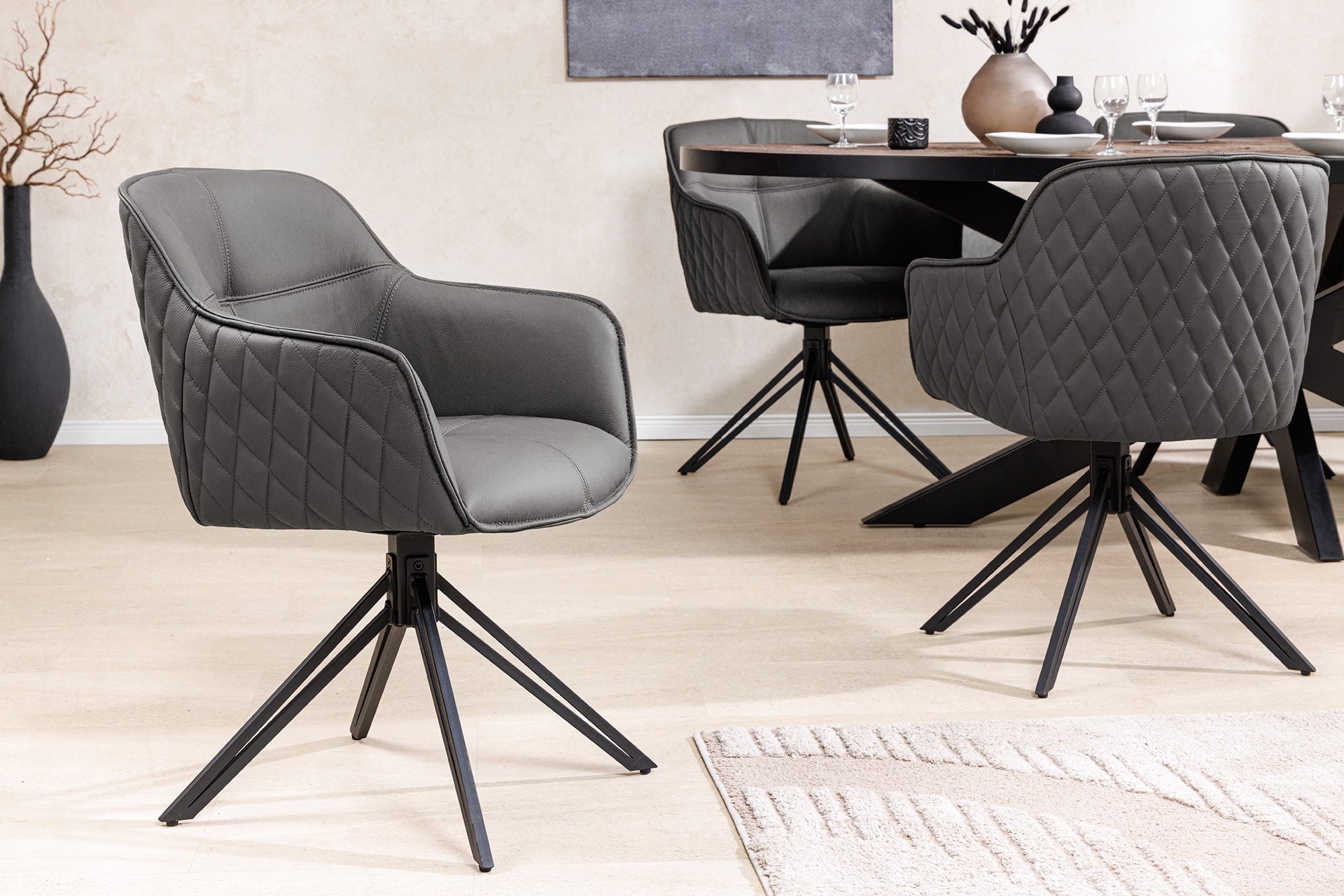 Juego de 2 sillas giratorias de diseño EUPHORIA de cuero auténtico gris, estructura de metal negro con reposabrazos