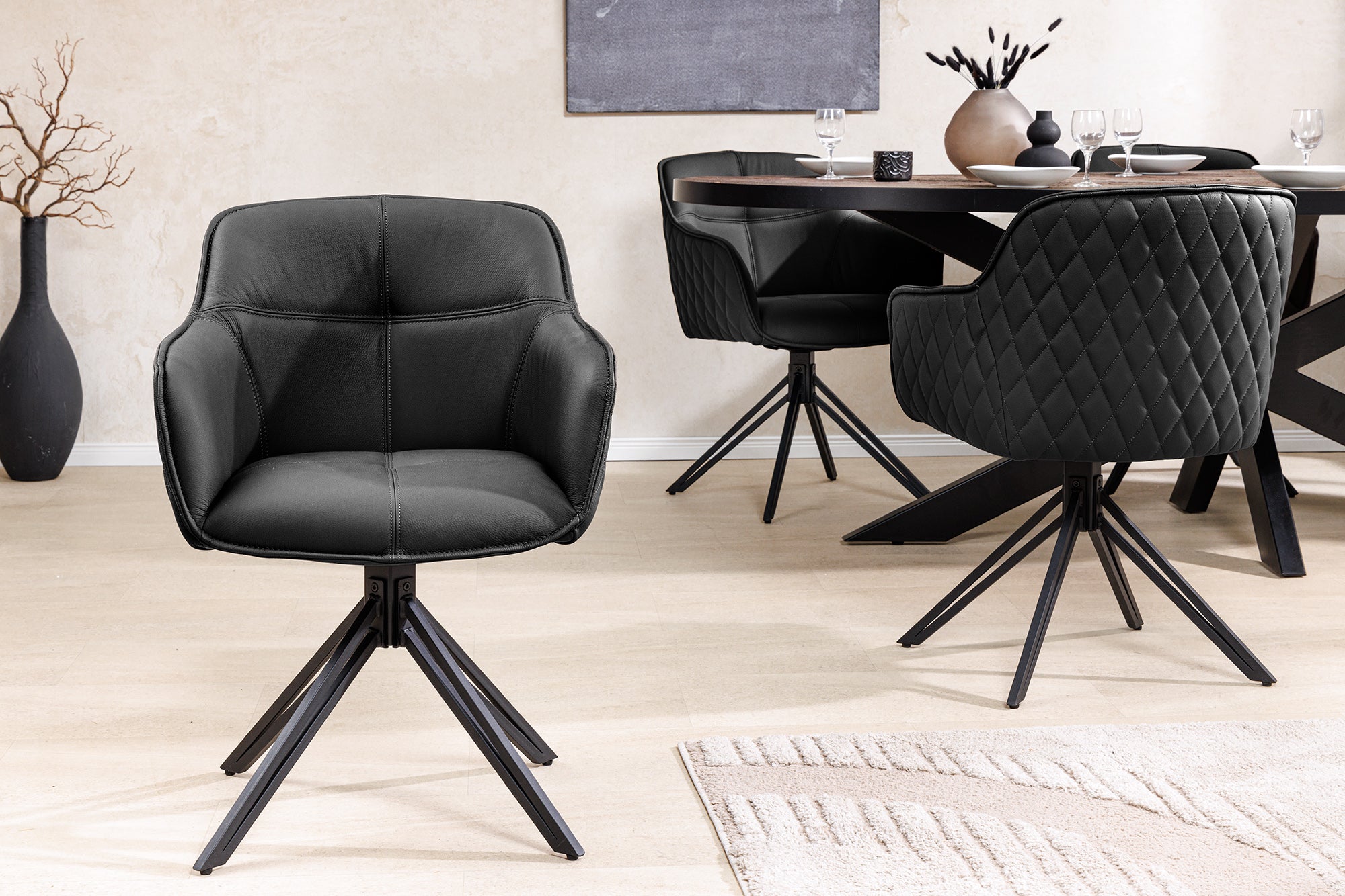 Juego de 2 sillas giratorias de diseño EUPHORIA de cuero auténtico negro, estructura de metal con reposabrazos
