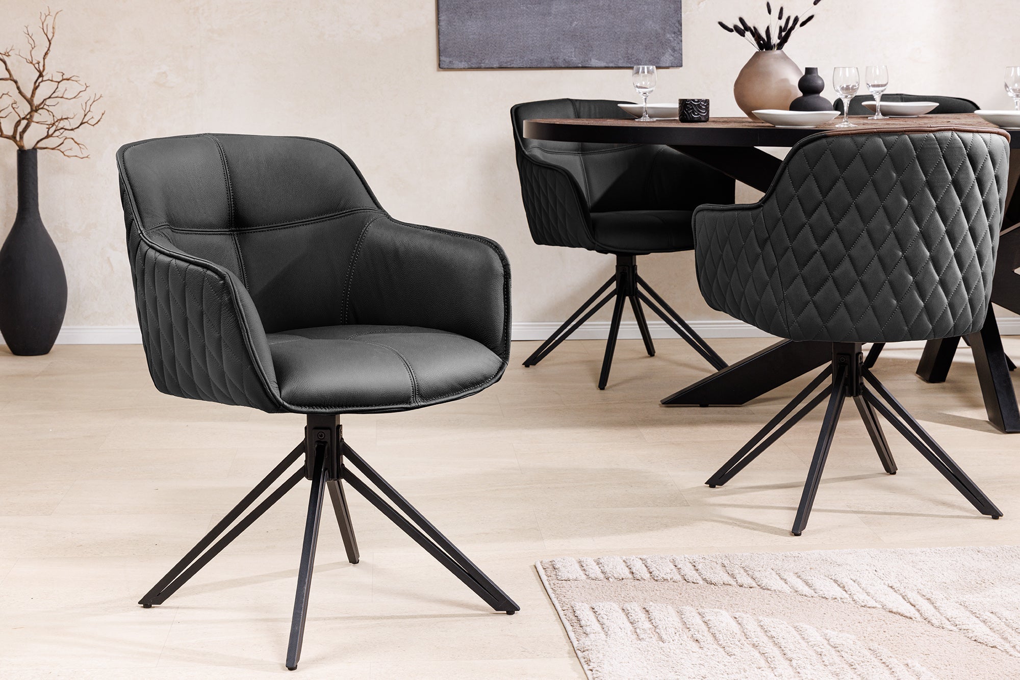 Juego de 2 sillas giratorias de diseño EUPHORIA de cuero auténtico negro, estructura de metal con reposabrazos