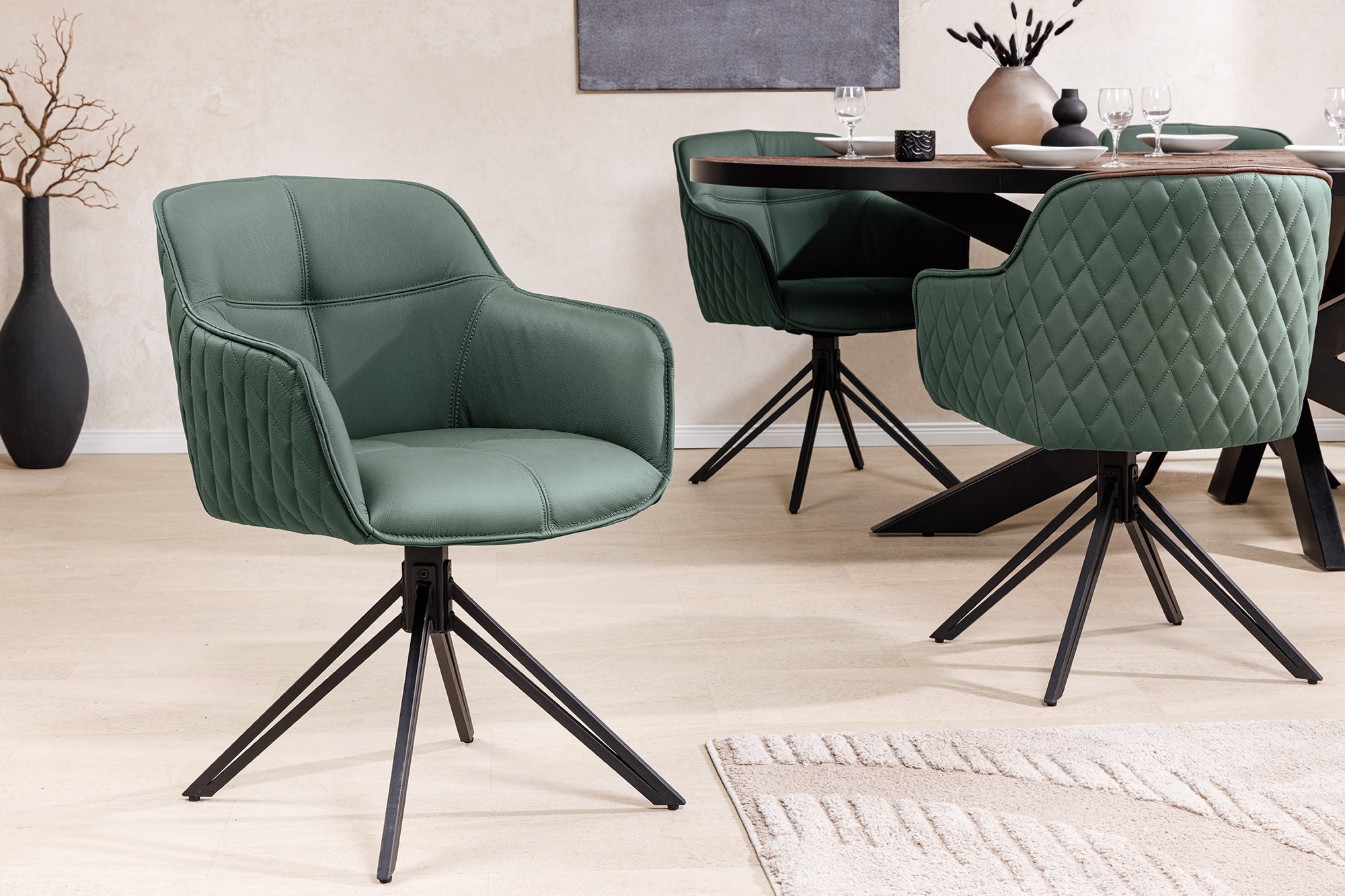 Juego de 2 sillas giratorias de diseño EUPHORIA de cuero auténtico verde, estructura de metal negro con reposabrazos