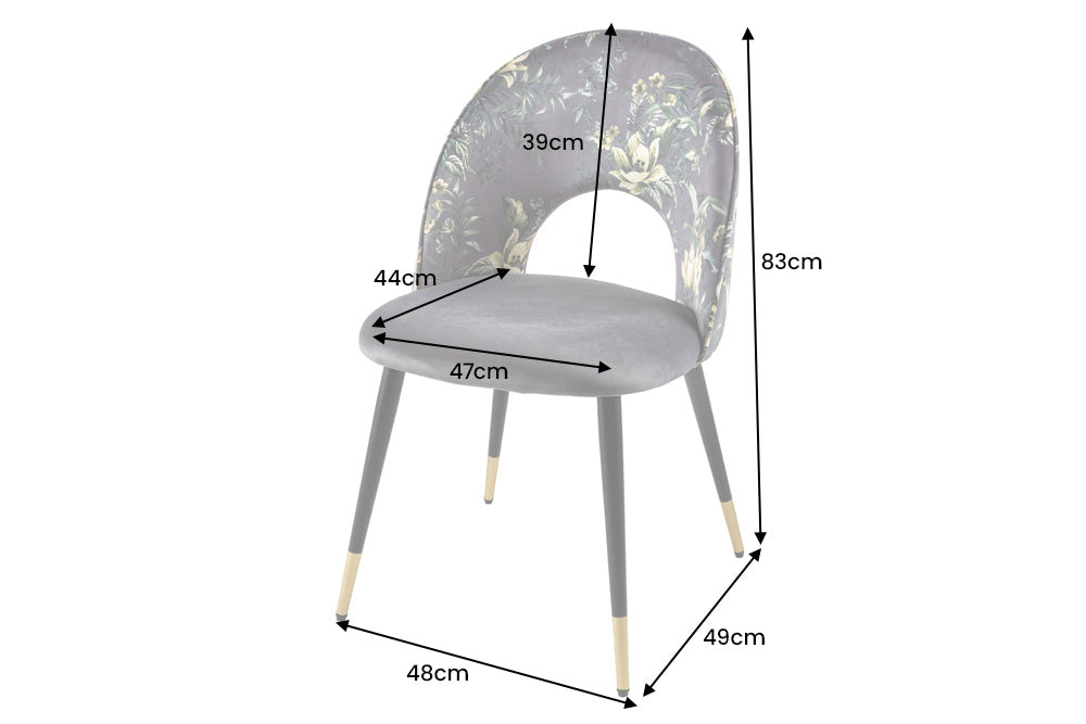 Lot de 2x chaises design PRÊT-À-PORTER en velours gris motif floral et embouts de pieds dorés