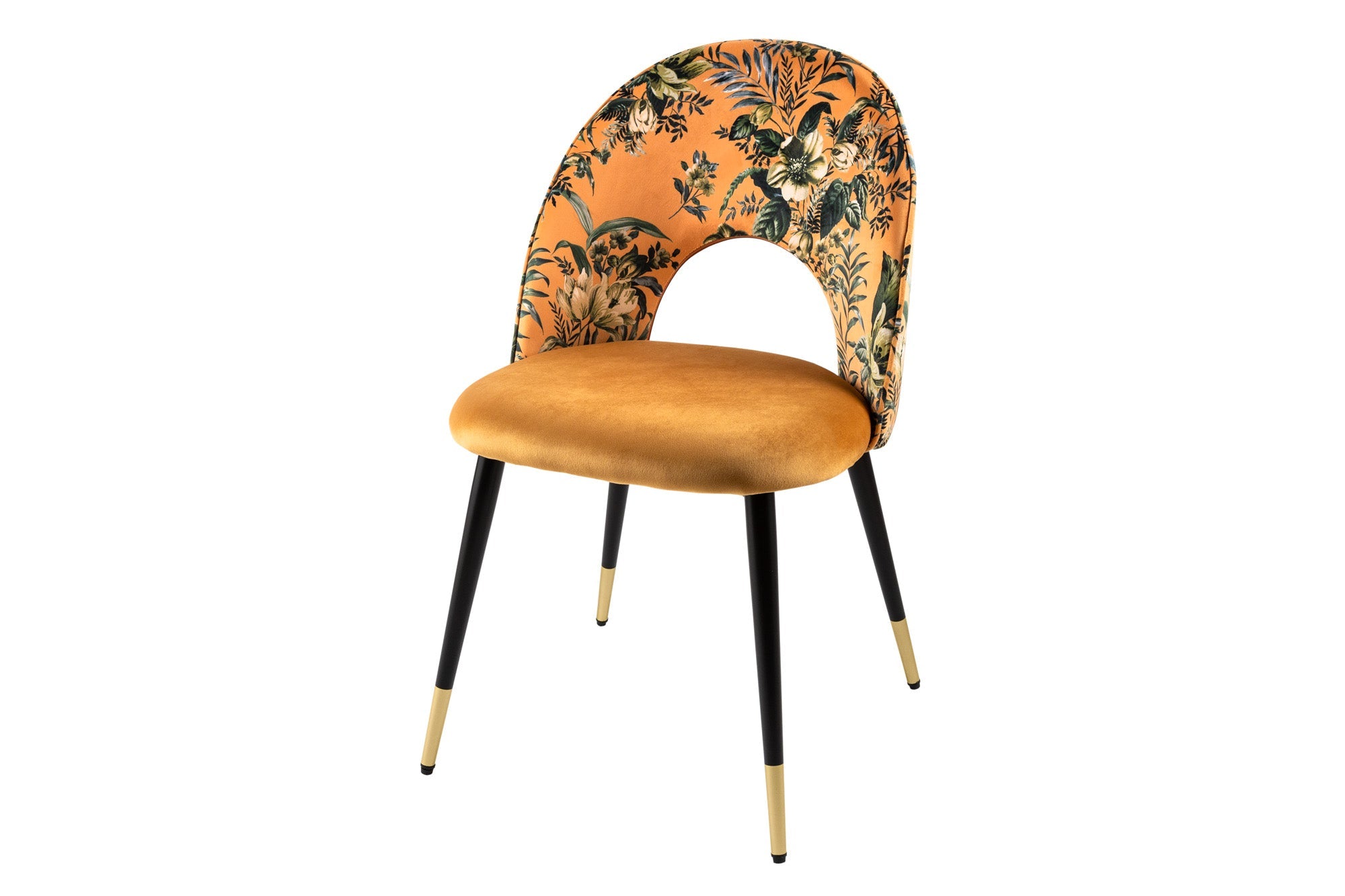 Lote de 2 sillas de diseño READY-TO-WEAR de terciopelo amarillo con motivos florales y patas doradas