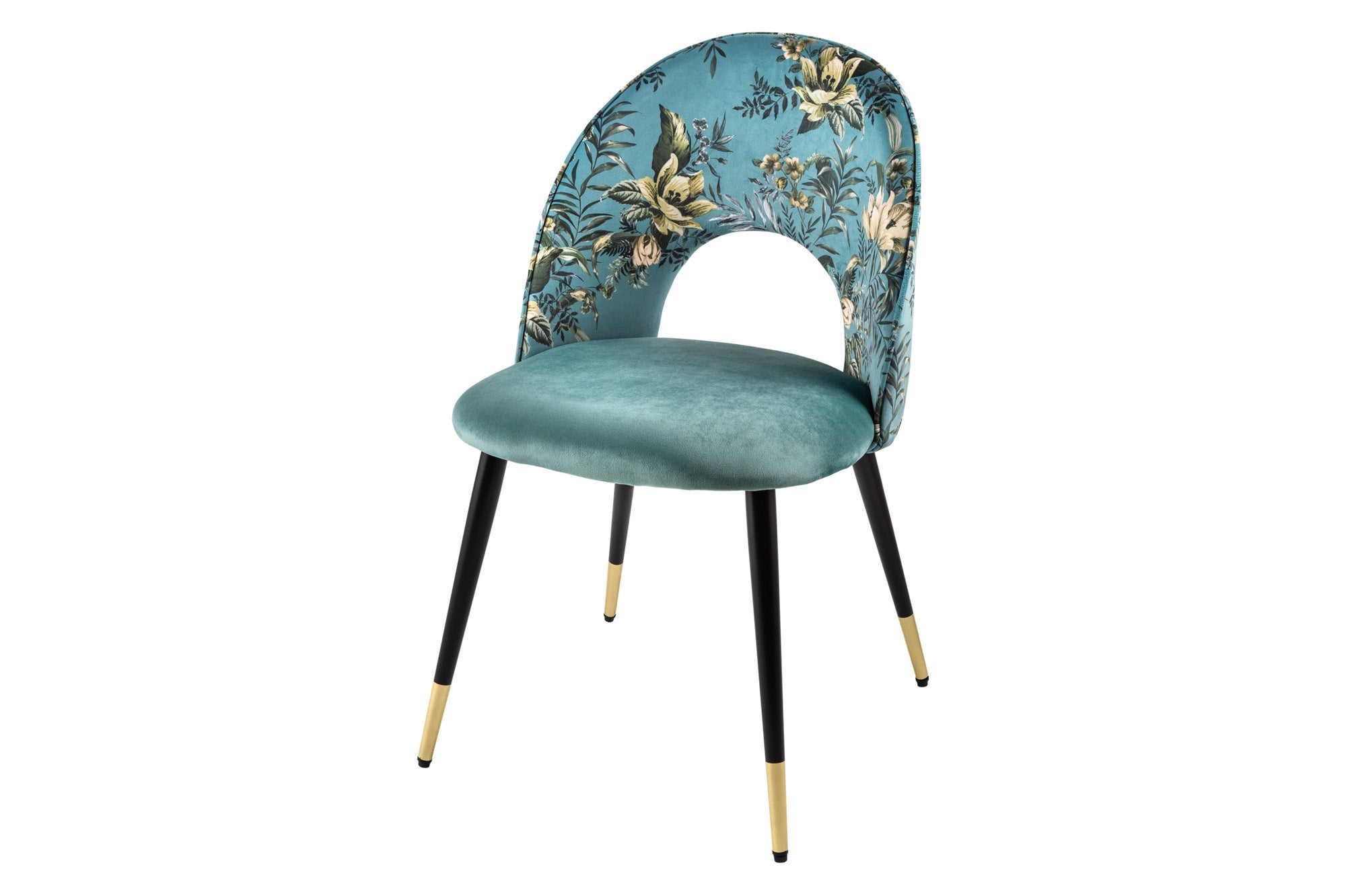Lote de 2 sillas de diseño READY-TO-WEAR en terciopelo turquesa con motivo floral y remates dorados en las patas
