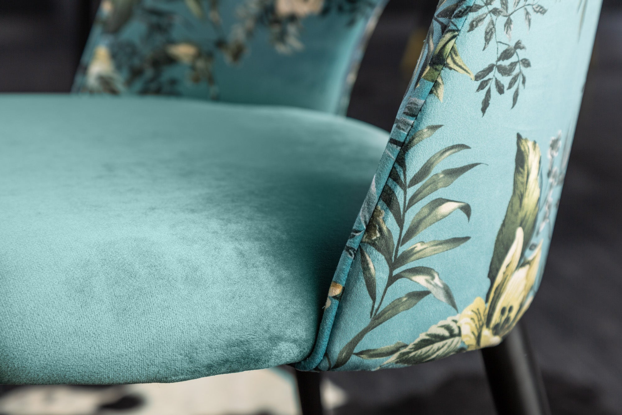 Lote de 2 sillas de diseño READY-TO-WEAR en terciopelo turquesa con motivo floral y remates dorados en las patas