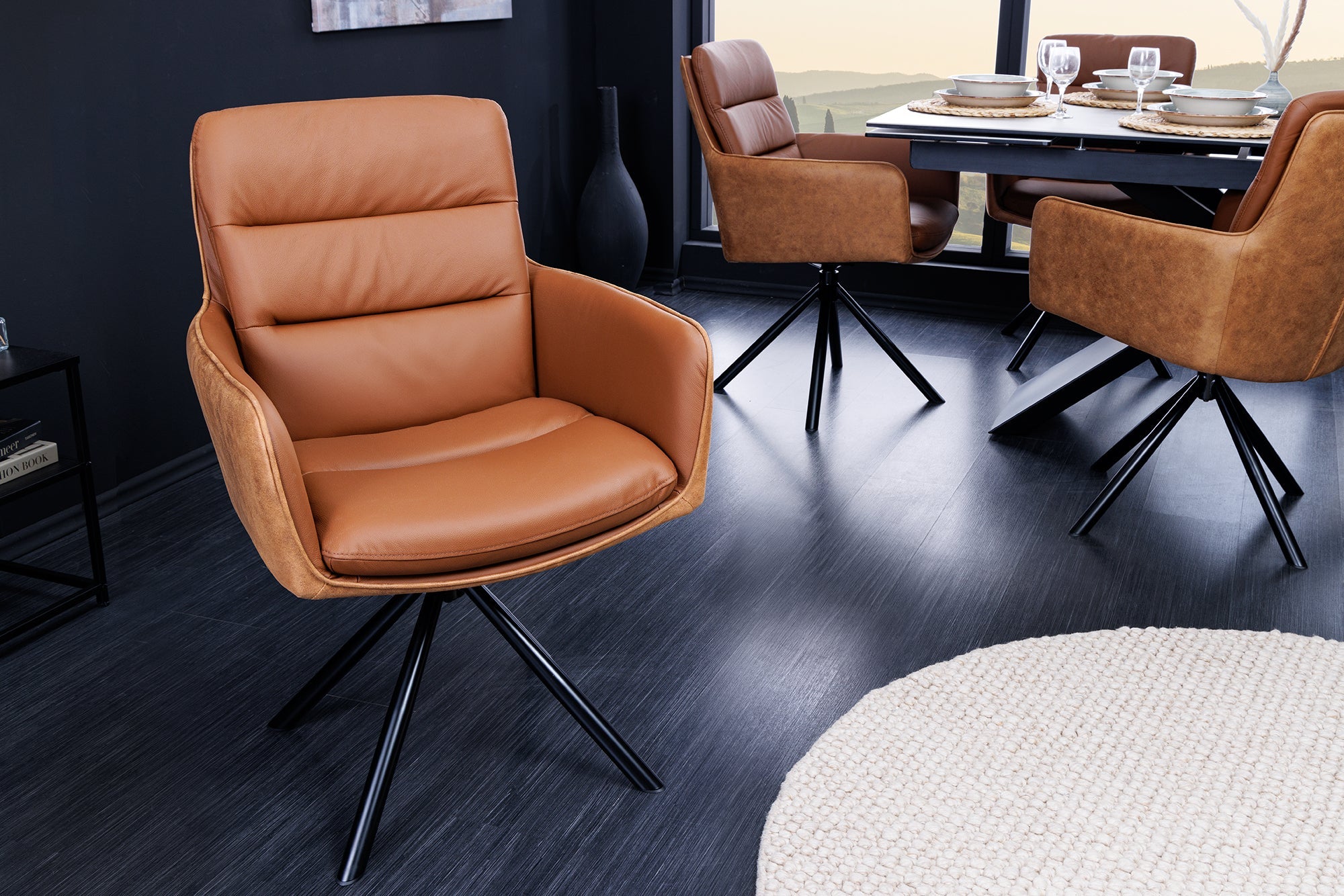 BIG GEORGE sillón giratorio de diseño en auténtica piel de microfibra color coñac con reposabrazos retro