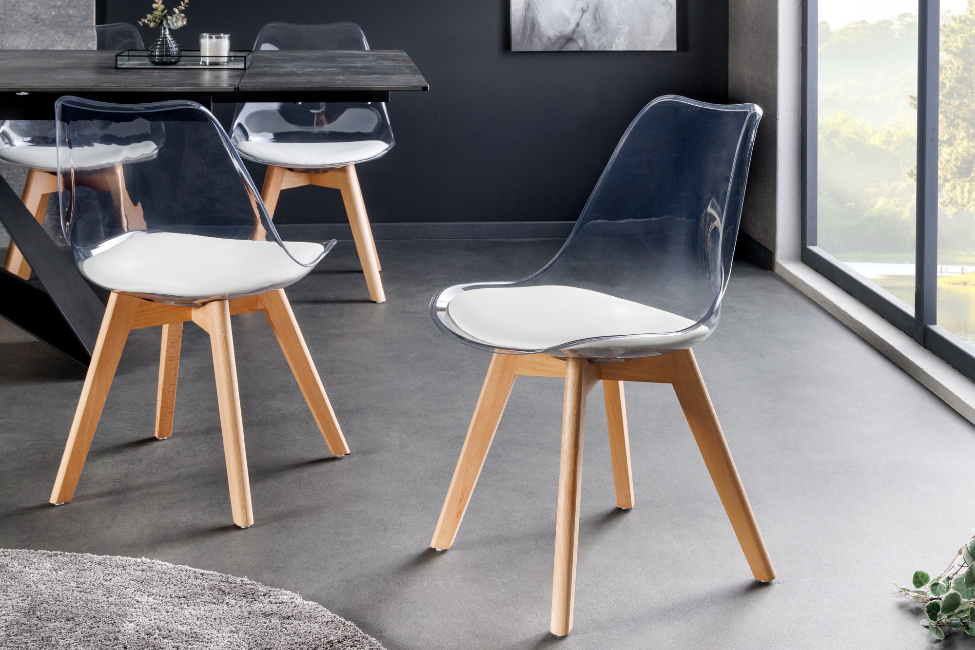 Juego de 2 sillas de diseño SCANDINAVIA MEISTERSTÜCK de plástico blanco transparente y madera de haya natural