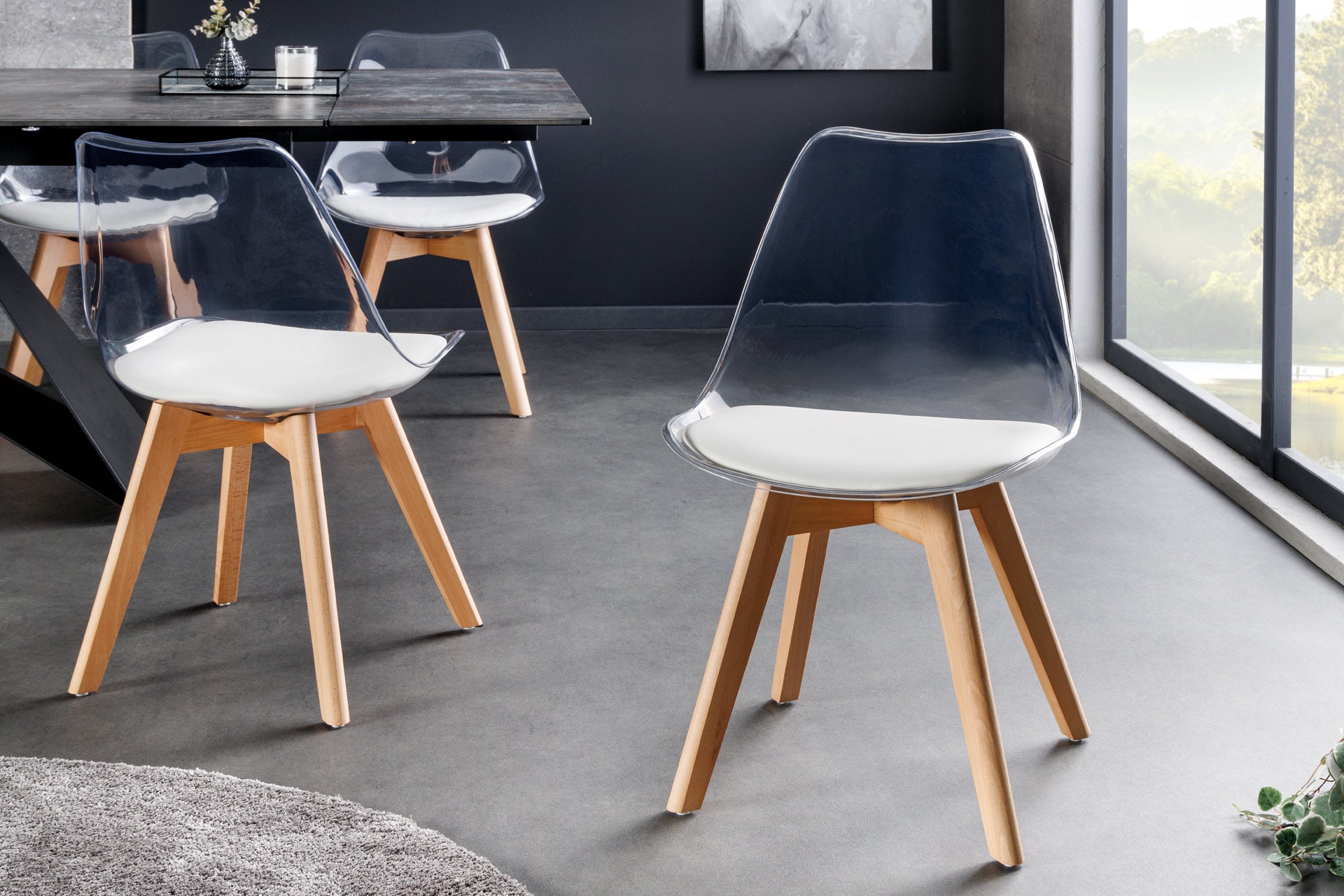 Juego de 2 sillas de diseño SCANDINAVIA MEISTERSTÜCK de plástico blanco transparente y madera de haya natural