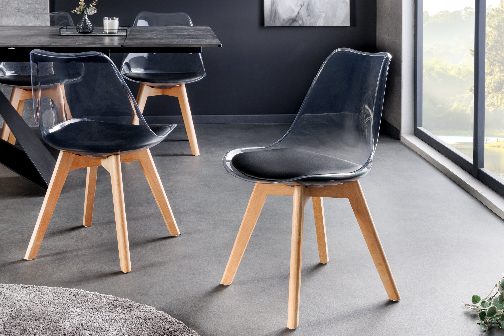 Lot de 2x chaises design SCANDINAVIA MEISTERSTÜCK en plastique noir transparent et bois de hêtre naturel