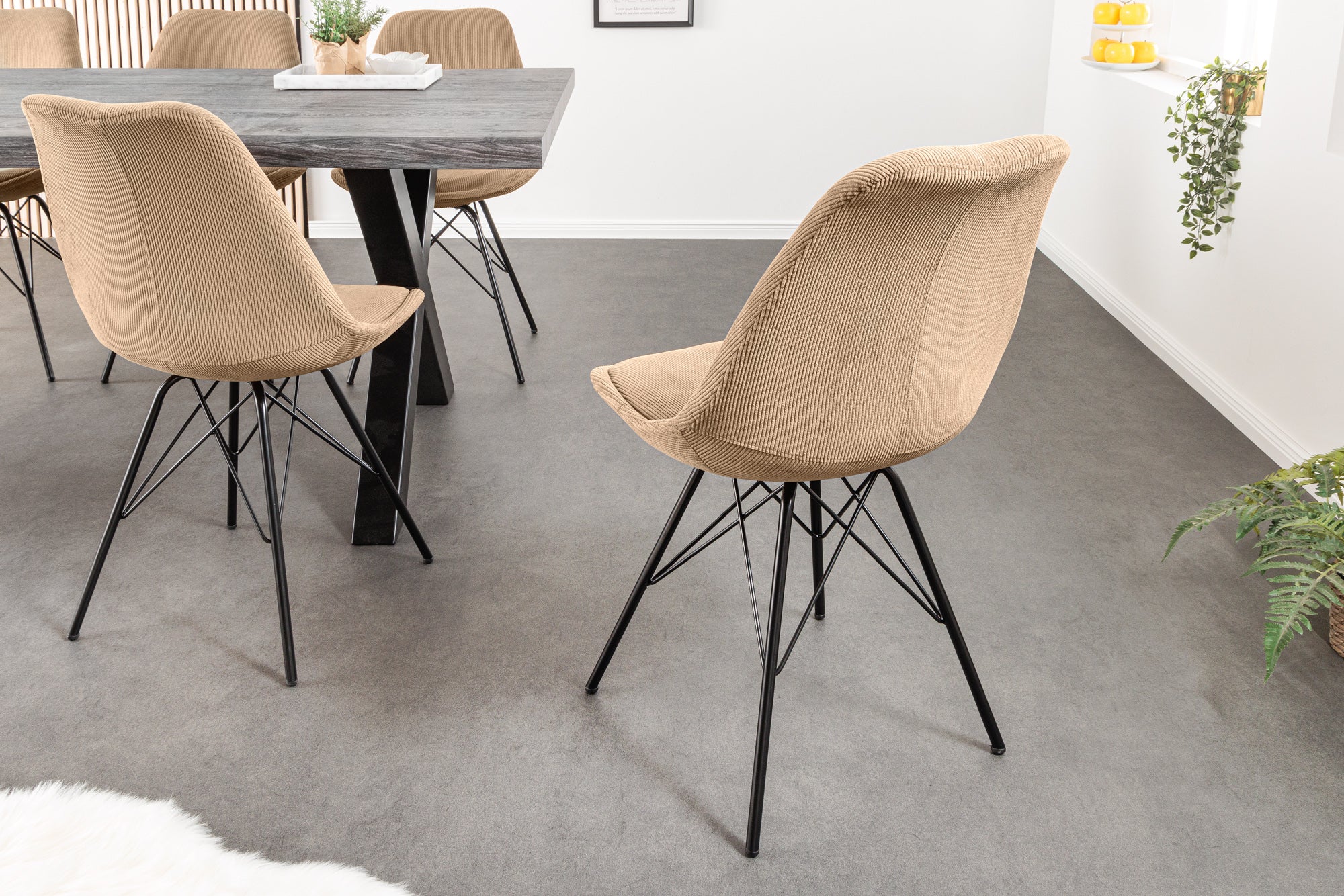 Lote de 2x sillas de diseño SCANDINAVIA MEISTERSTÜCK pana marrón estructura de metal negro