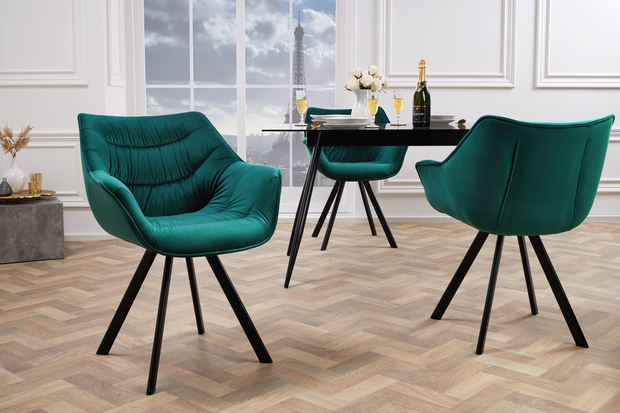 Chaise design THE DUTCH COMFORT vert émeraude velours style rétro avec accoudoirs