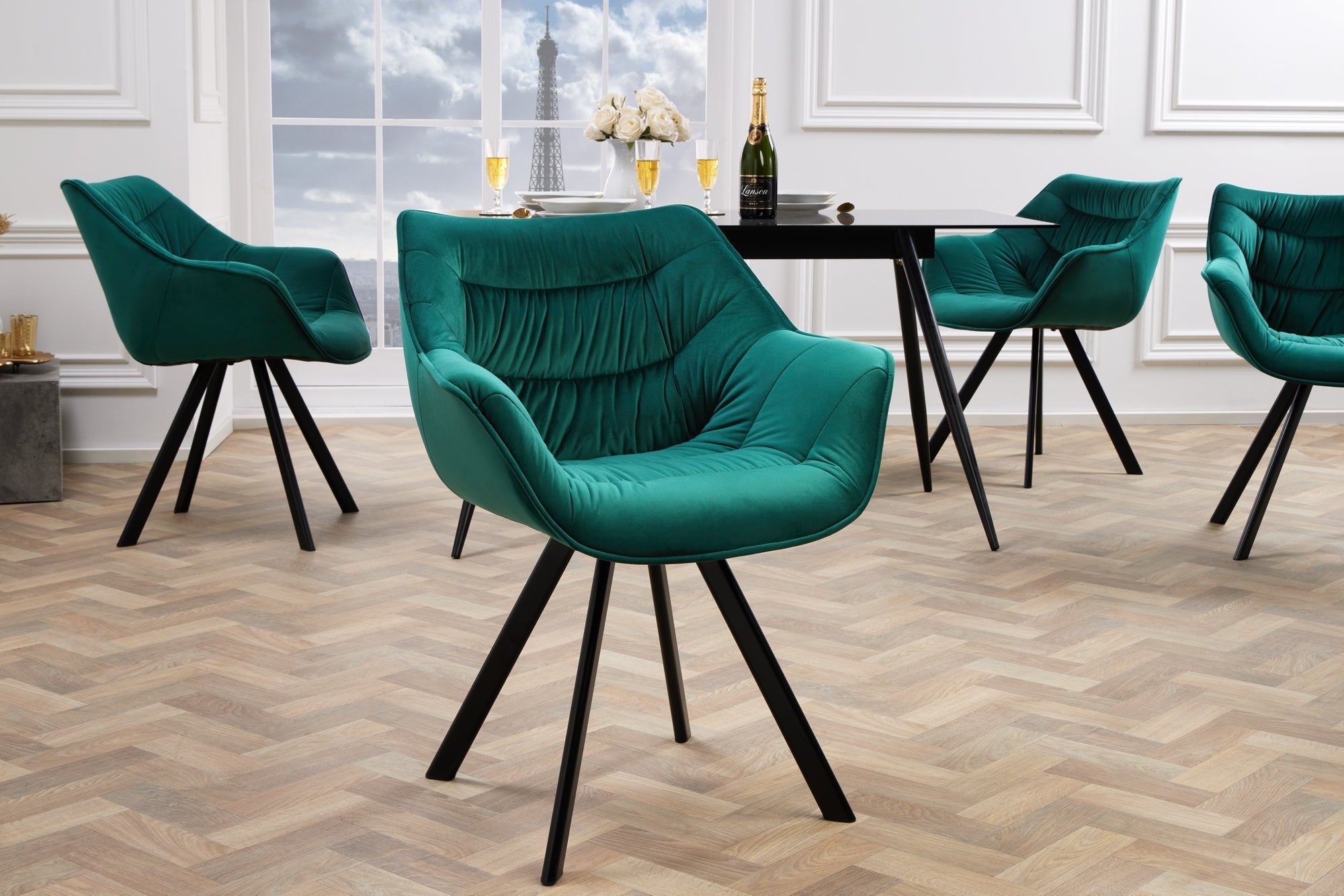 Chaise design THE DUTCH COMFORT vert émeraude velours style rétro avec accoudoirs