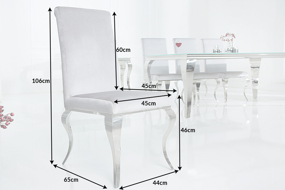 Lote de 2 elegantes sillas barrocas modernas de terciopelo gris noble, patas de acero inoxidable