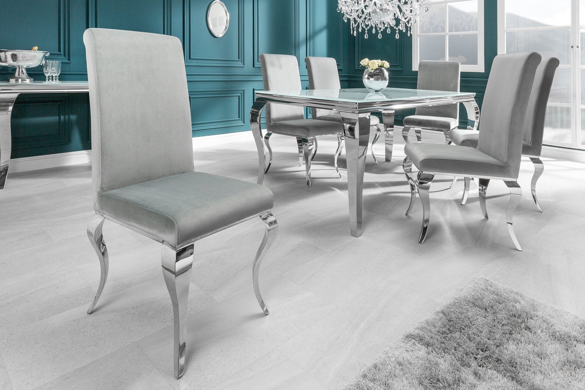 Lote de 2 elegantes sillas barrocas modernas de terciopelo gris noble, patas de acero inoxidable