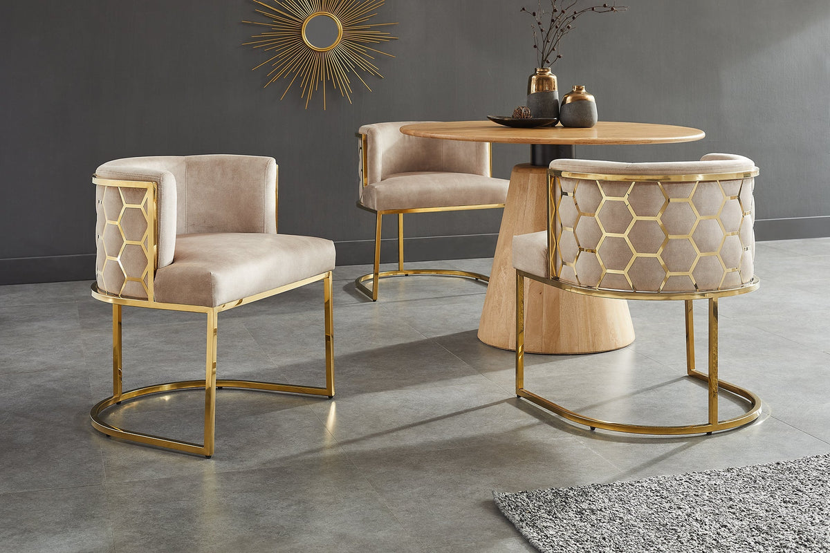 Chaise élégante ELEGANCE cappuccino velours or acier inoxydable avec accoudoir
