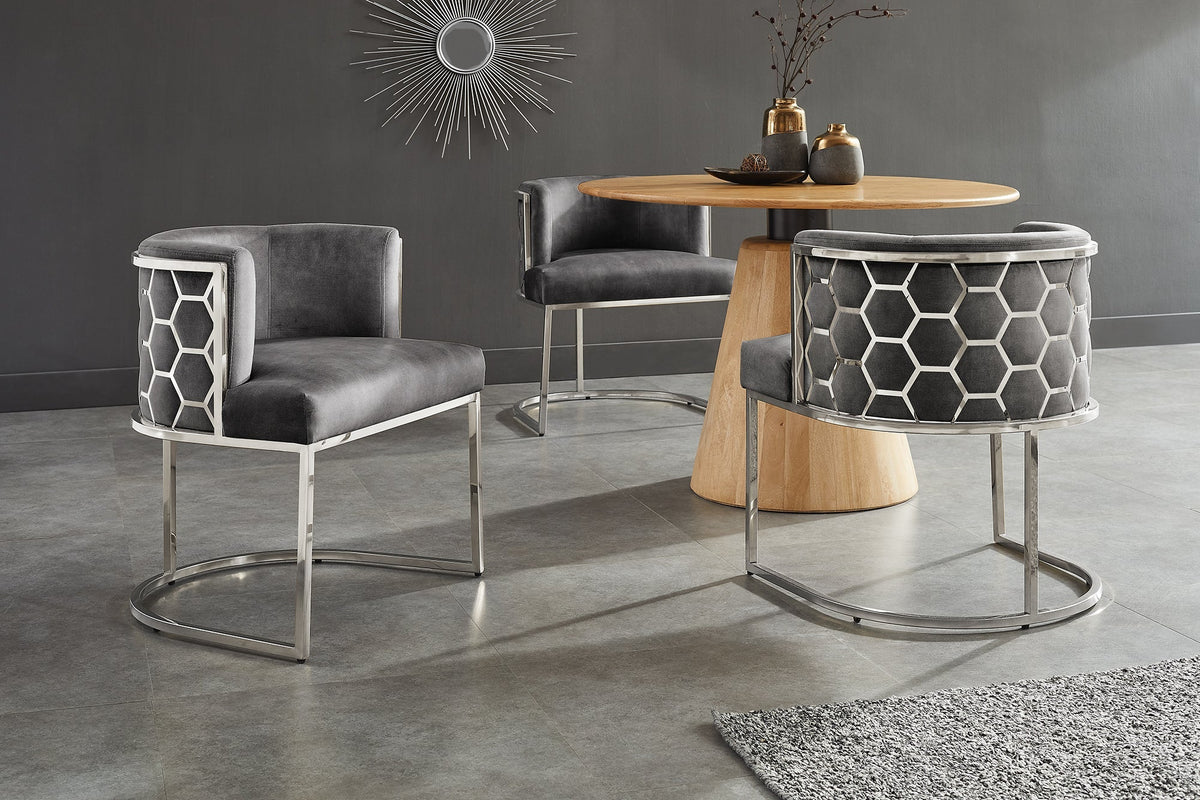 Chaise élégante ELEGANCE gris velours argent acier inoxydable avec accoudoir