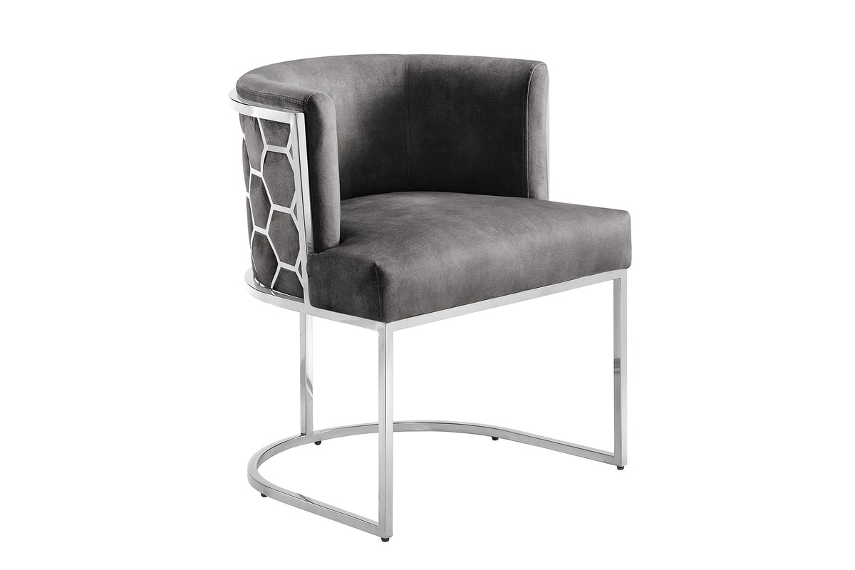 Chaise élégante ELEGANCE gris velours argent acier inoxydable avec accoudoir
