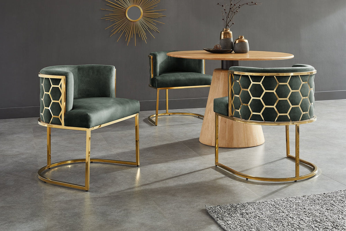 Chaise élégante ELEGANCE vert velours or acier inoxydable avec accoudoir