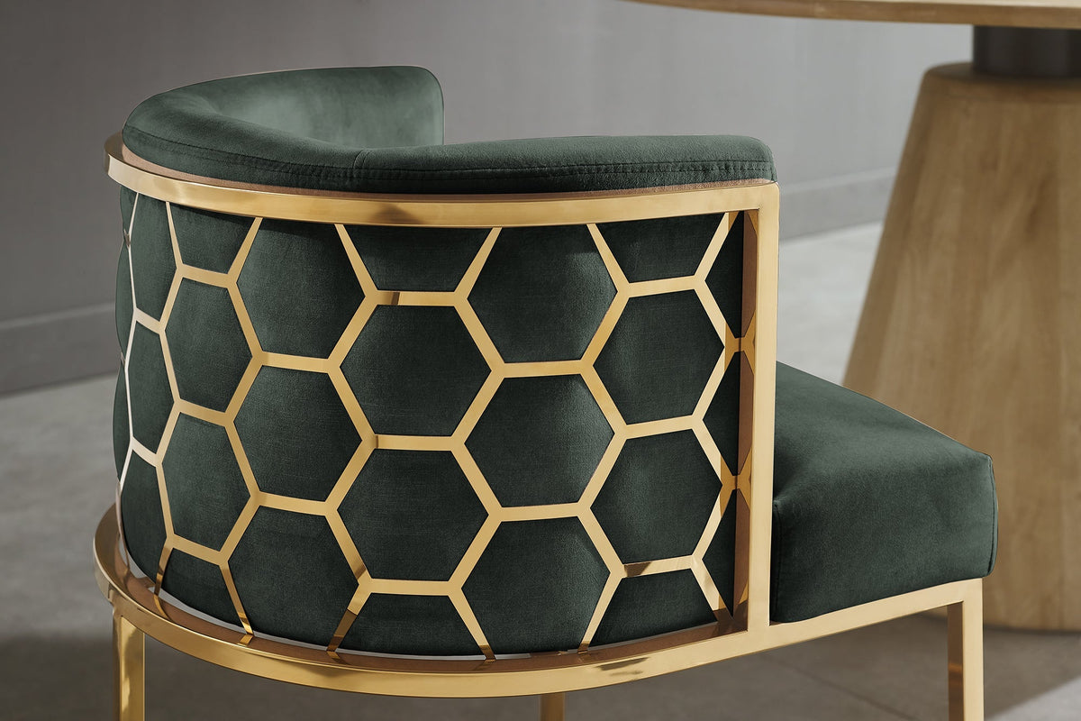 Chaise élégante ELEGANCE vert velours or acier inoxydable avec accoudoir