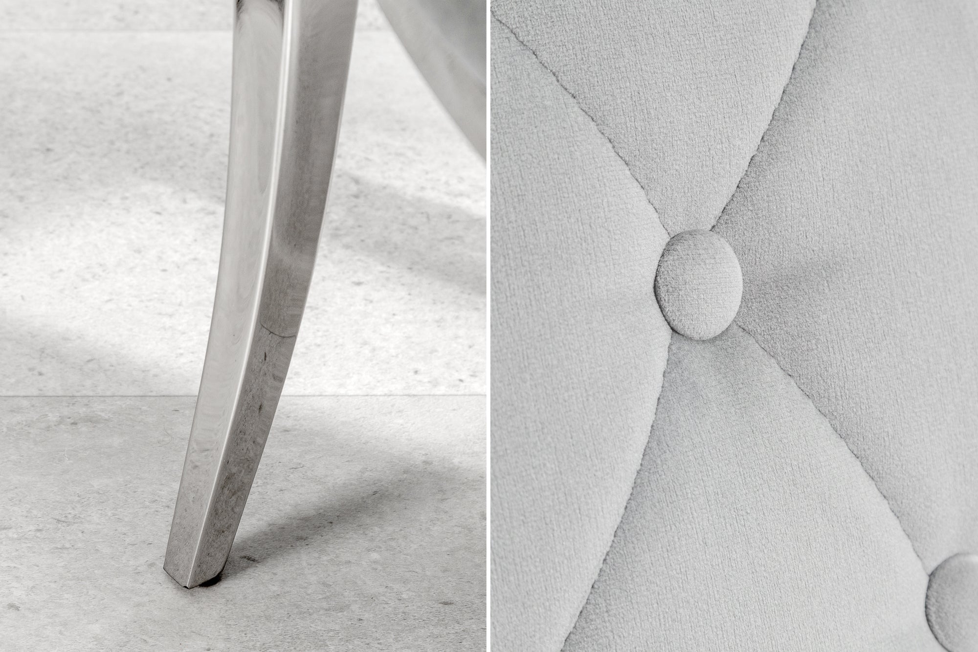 Elegante silla MODERN BAROCK de terciopelo gris noble con reposabrazos y botones decorativos
