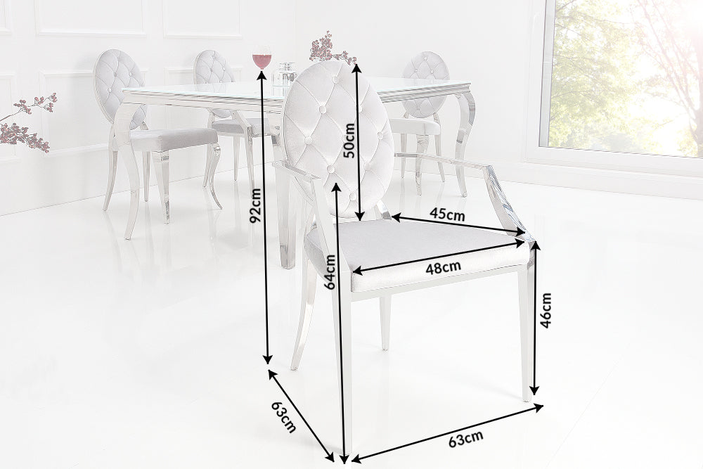 Elegante silla MODERN BAROCK de terciopelo gris noble con reposabrazos y botones decorativos