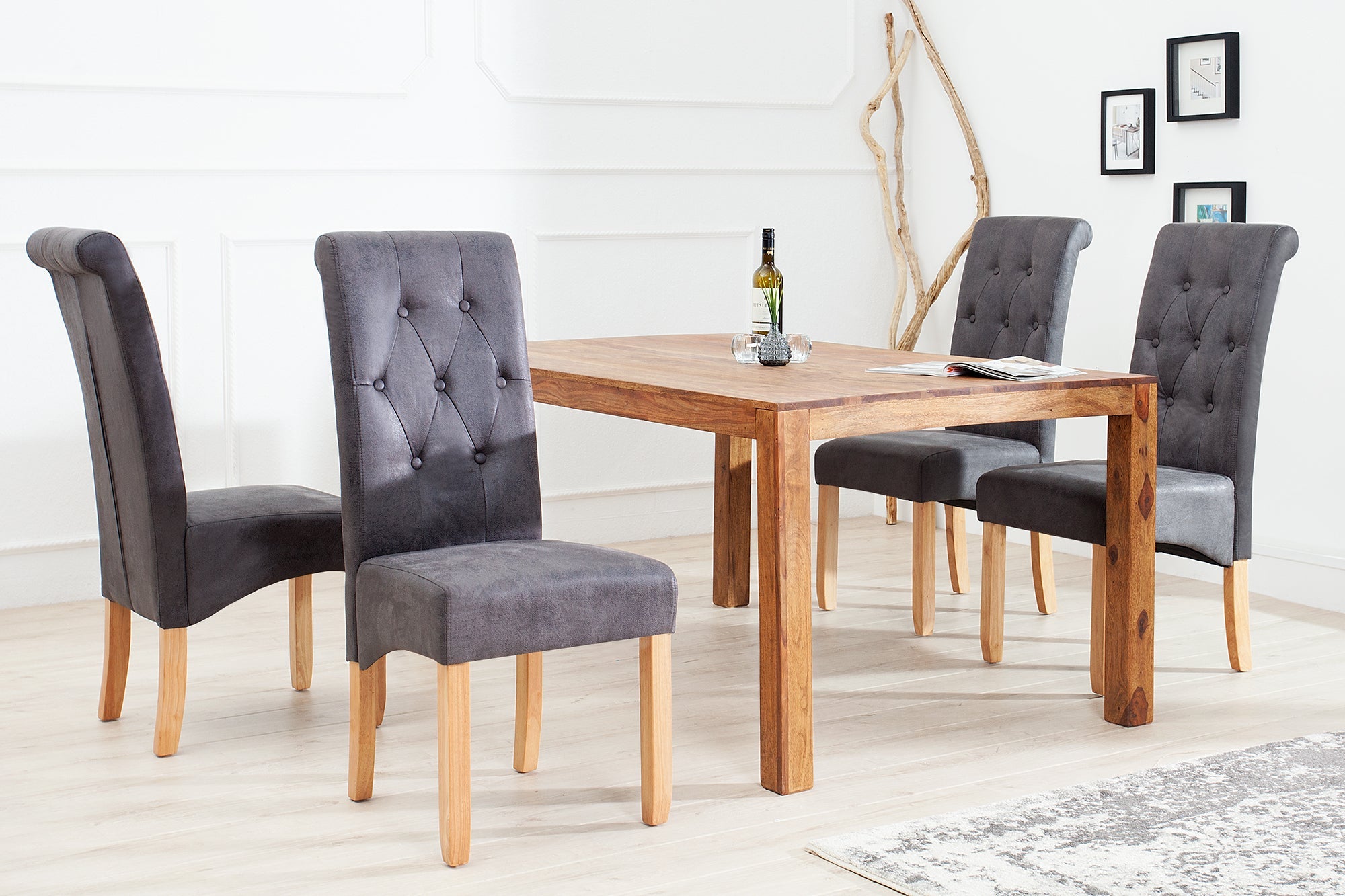 Lot de 2x chaises noble CASA vintage grise avec boutons décoratifs pieds en bois massif