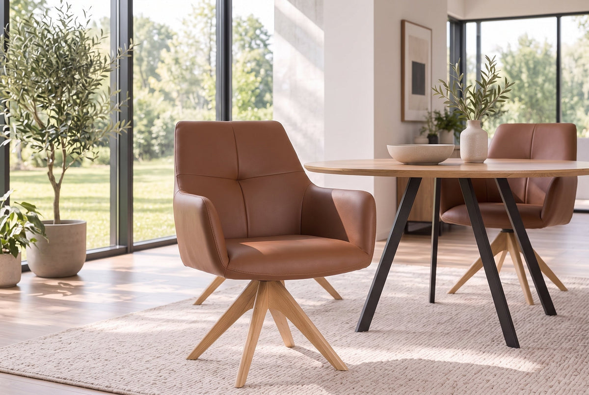 Chaise pivotante ALMARA cognac brun cuir véritable 360° ressorts ensachés chêne massif